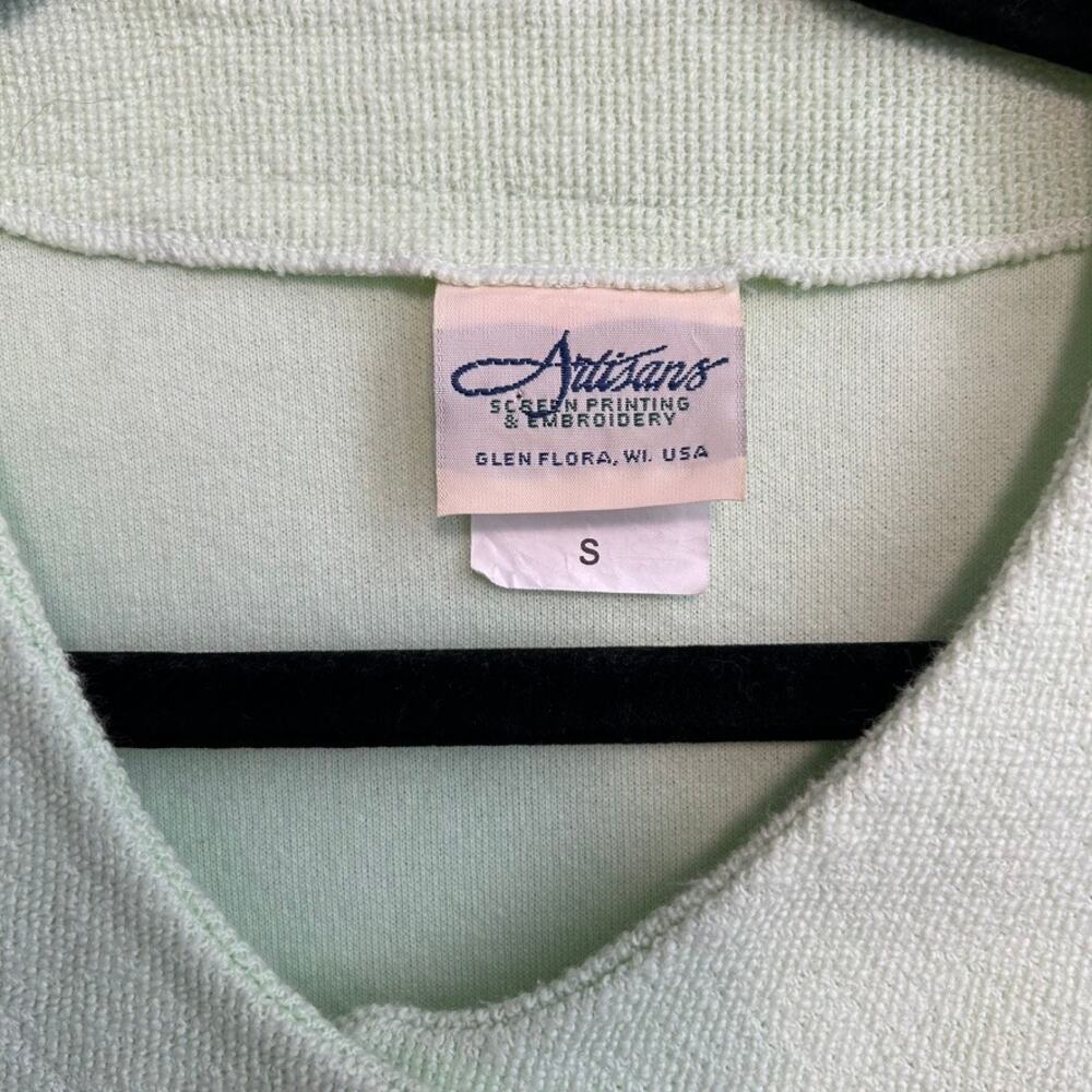 Vtg Artisans Screen Print Dragonfly Cardigan S Sage Green Botanical USA Cotton - Picture 5 of 10